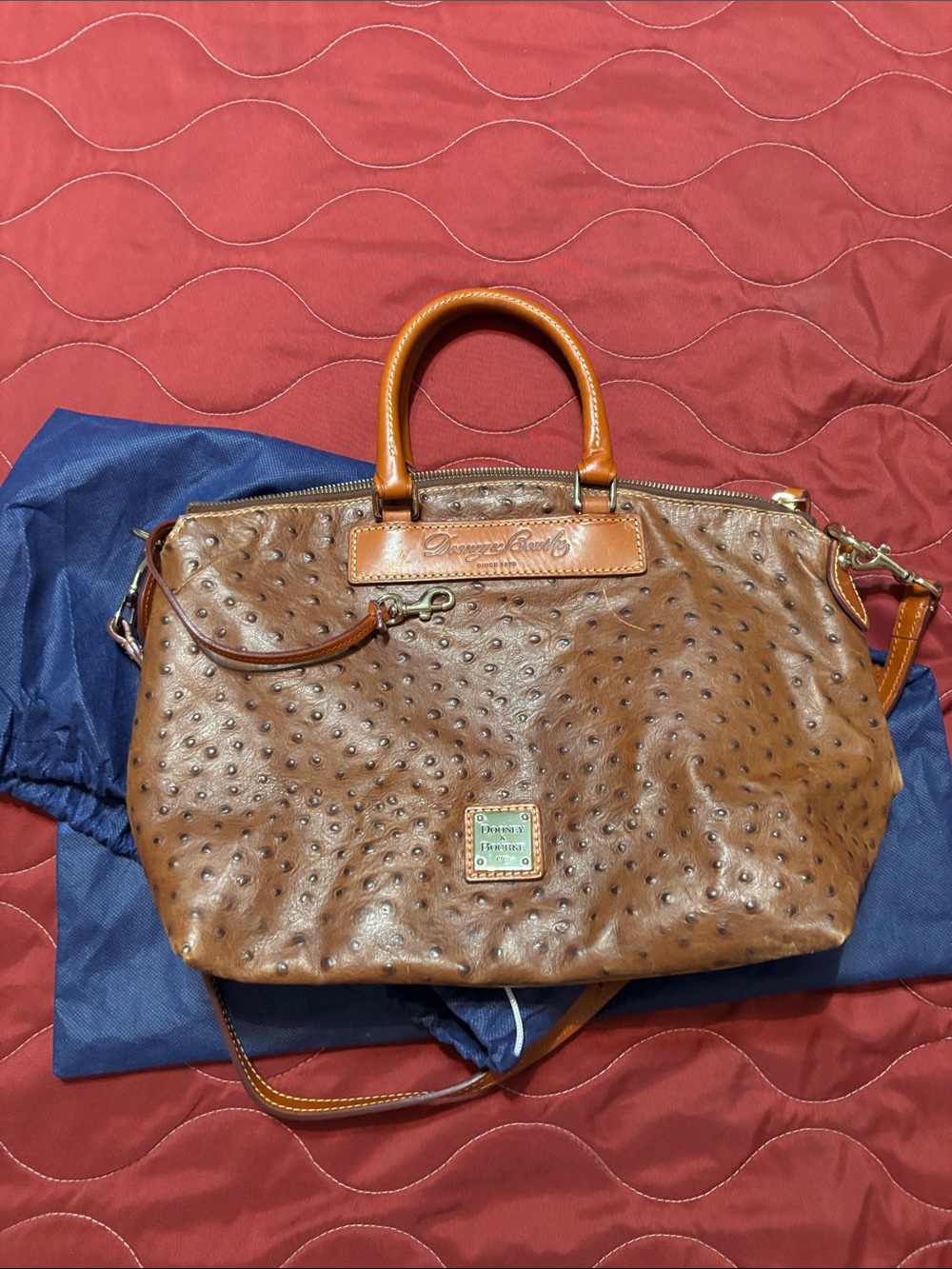Dooney & Bourke Brown Ostrich-Embossed Satchel with Tan Handles